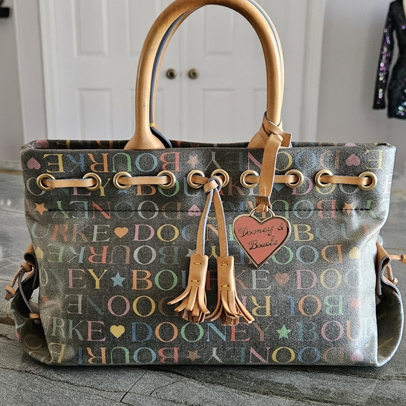 Dooney & Bourke Handbags - Dooney & Bourke Multicolor Logo Drawstring Tote | Y2K | Leather Trim
